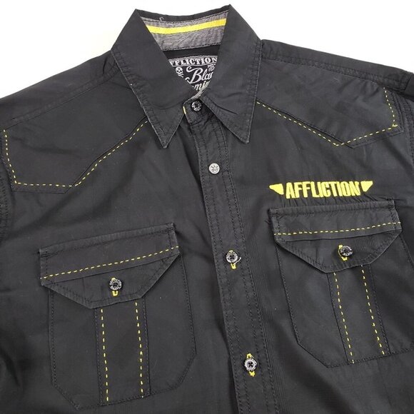 Affliction Button Front Embroidered Shirt Mens Large Black Long Sleeve Casual - Picture 1 of 15